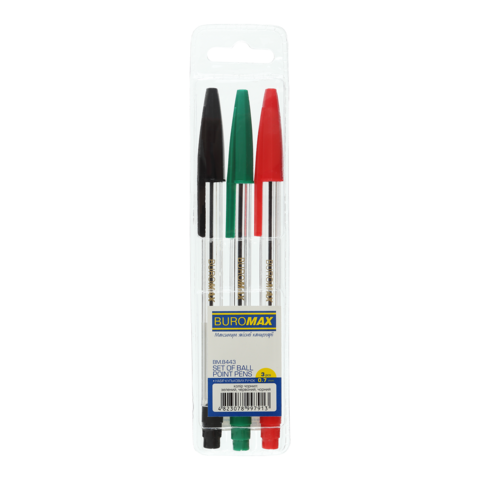 Набір з 3-х кулькових ручок CLASSIC (тип "корвіна"), 0,7 мм, 3 кольори (чорн, зел, черв), BM.8443 BUROMAX